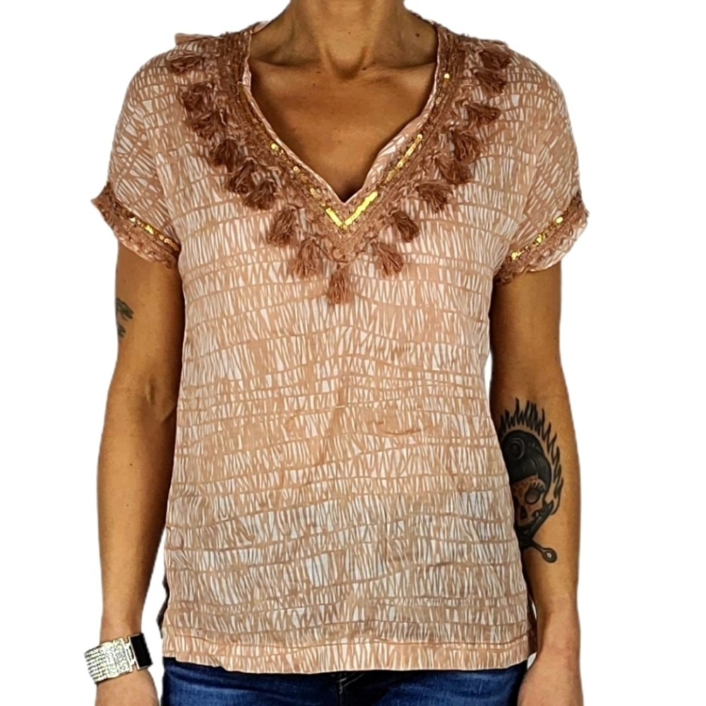 J. Crew Short Sleeve V Neck Blouse Size 0 Peach Sequins Tassels